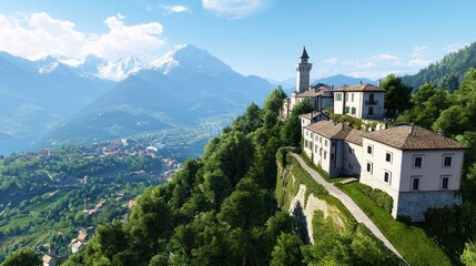 Scenic mountain landscape with historic buildings and lush greenery.