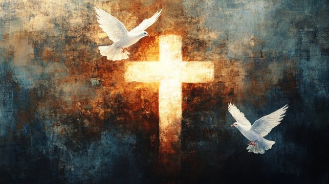 Conceptual graphic of glowing Christian cross with three white doves, symbolizing Jesus Christ's victorious sacrificial work of salvation. Art composed against abstract oil painted background.