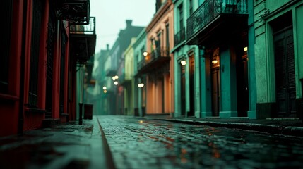 Fototapeta premium Mardi Gras Evening in Vibrant Streets with Atmospheric Sky and Festive Lights