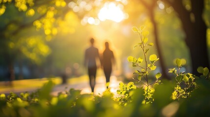Romantic couple walking hand in hand through sunlit park