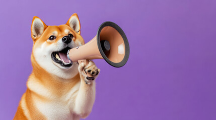 Japanese dog, Shiba Inu, purple background, Shiba Inu holds a megaphone in hand, simple, cute