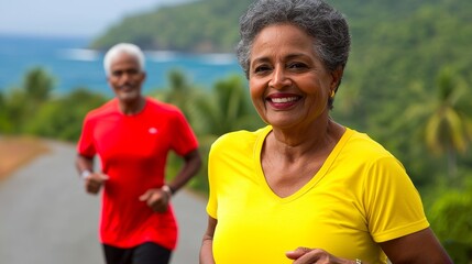 Obraz premium Senior Couple Jogging Together on a Scenic Paved Path by the Coast in Nature