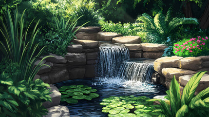 Tranquil meditation garden with lush greenery and soothing water features. Shadowsong. Illustration