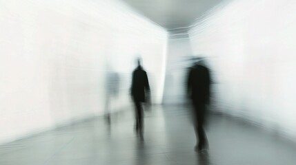 Fototapeta premium Abstract Modern Office Interior with Blurred Figures Walking Through