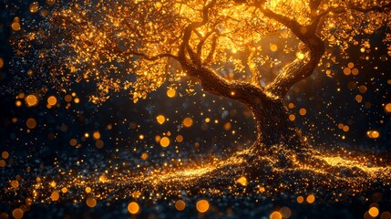 Naklejka premium Glowing Silhouette of a Family Tree with Magical Golden Lights in Twilight Setting