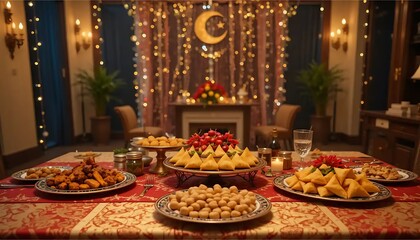 Naklejka premium Warm Festive Feast: Golden Samosas and Delicate Treats on a Richly Decorated Table