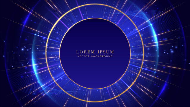 Futuristic blue background with golden ring, glowing radius, dynamic light beams, and sparkling effects