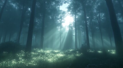 Fototapeta premium Sunbeams pierce through misty forest, illuminating ethereal flowers.