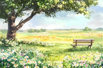Fototapeta premium Serene Meadow Landscape with Blossoming Flowers