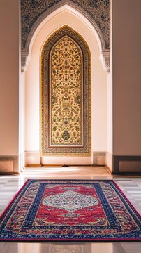 Ornate rug in arched hallway with detailed wall art.