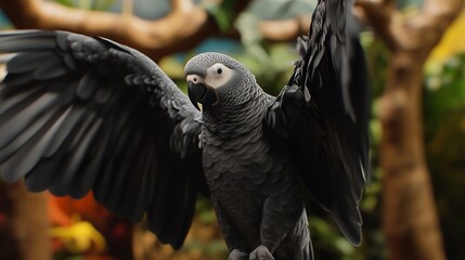 Obraz premium Grey parrot with wings outstretched.