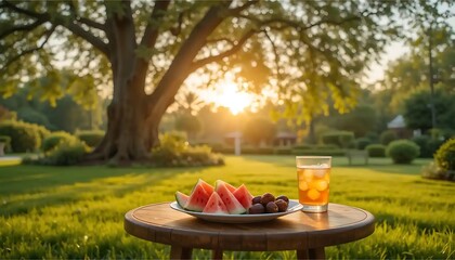 Summer Sunset: Watermelon, Iced Tea, and Dates on a Garden Table