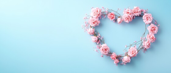 Obraz premium A heart-shaped arrangement of pink flowers on a soft blue background, symbolizing love and beauty.