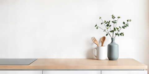 Minimalist home decor with warm terracotta and cool teal accents on light wood countertop