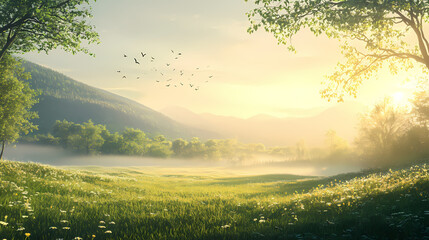 Serene spring morning in misty valley with dew-covered grass and chirping birds under soft sunlight - photorealistic nature scene. Shadowsong. Illustration