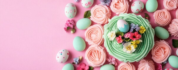 A vibrant Easter-themed cake surrounded by pastel-colored cupcakes, decorative eggs, and flowers on a pink background.