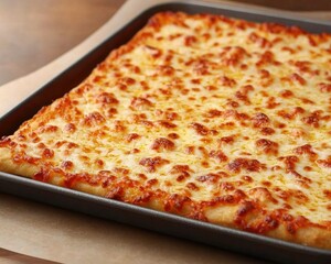 A golden-brown, cheesy rectangular pizza baked on a tray, showcasing its crispy crust and bubbling cheese.