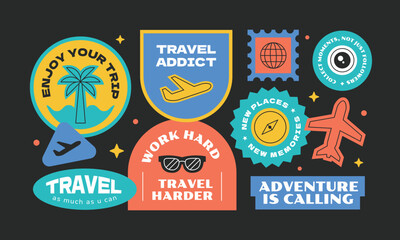 Travel sticker, patch, stamp, badge element collection. Set of vintage and cool travelling symbol.