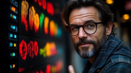 Man with glasses near a colorful digital display.