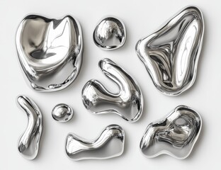 Abstract silver liquid metal shapes on white background.