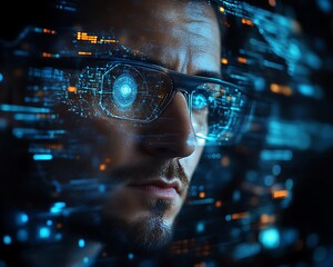 Man wearing futuristic glasses, digital overlay.