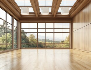 Fototapeta premium Open room with skylights and modern wooden architecture.