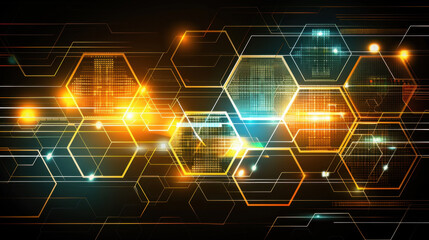 Obraz premium Abstract digital background with hexagonal shapes and glowing lights, representing technology and innovation. vibrant colors create dynamic visual effect