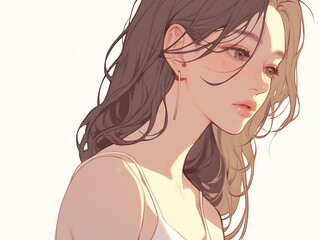 Naklejka premium A digital portrait of a woman with long, wavy, light brown hair, gazing softly to the side, with a delicate earring accentuating her features.