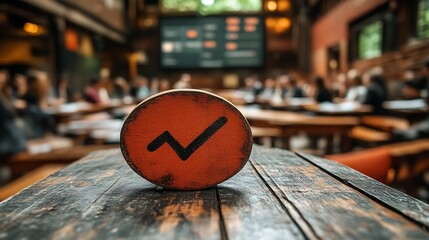 Red checkmark on wooden table in busy restaurant.