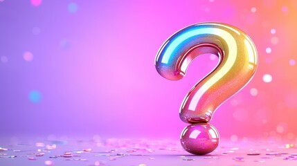 Sparkling Iridescent Question Mark on Pink Background with Confetti