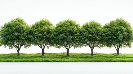 Fototapeta premium Five Lush Green Trees in a Row, Vibrant Foliage against a White Background