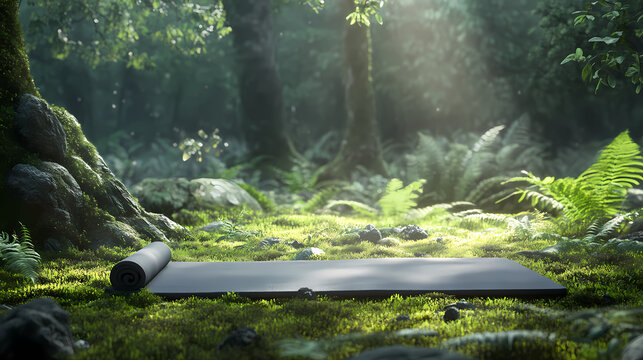 Nature yoga retreat, ideal retreat a tranquil forest spot with a yoga mat on moss, serene ferns, chirping birds, perfect for finding balance. Shadowsong. Illustration