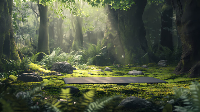 Nature yoga retreat, ideal retreat a tranquil forest spot with a yoga mat on moss, serene ferns, chirping birds, perfect for finding balance. Shadowsong. Illustration