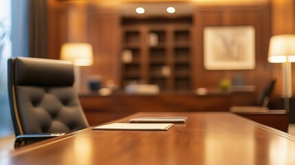 Blurred Office Desk in Boss's Room with Elegant Wooden Decor