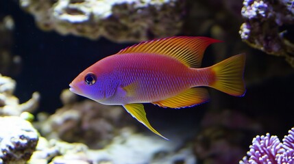 Obraz premium Vibrant red and yellow fish swimming in coral reef.