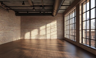 Spacious Industrial-Style Loft Bathed in Natural Light with Sunlit Shadows on Wooden Floor

