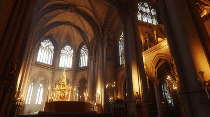 Obraz premium Sunlit Gothic cathedral interior, altar, stained glass.