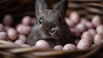 A cute rabbit nestled among pink speckled eggs in a woven basket, evoking a playful springtime scene.