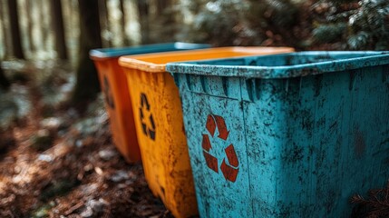 Three colorful recycling bins in a forest, promoting waste management and environmental sustainability.