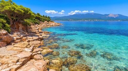 Fototapeta premium Scenic coastal view with clear turquoise waters and rocky shoreline.