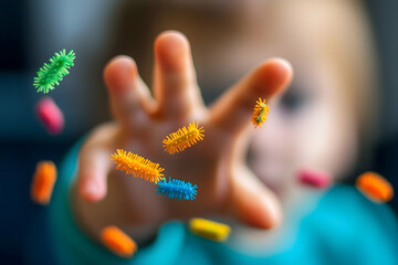 A child reaches out to colorful toy germs, highlighting curiosity and playfulness in a vibrant, engaging setting.