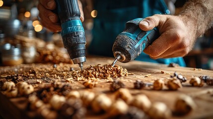 A close-up of hands using power drills on a wooden surface scattered with wood shavings.