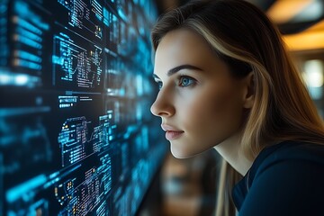 Woman reviewing data on large screen.