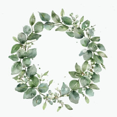 Watercolor vector wreath with green eucalyptus leaves and branches. Isolated on a white background.