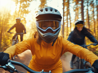 Low angle shot of diverse family riding bicycles in forest, showcasing joy and adventure in nature