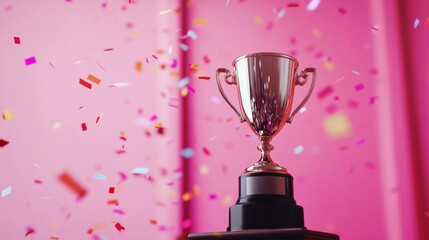 A metaphorical representation of modern lifestyle, a shiny trophy on a pedestal with confetti falling, Award scene