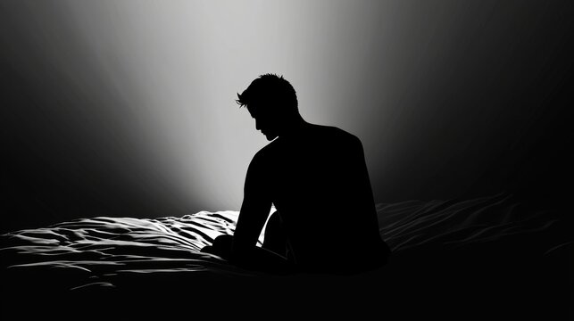 Desperate man in silhouette sitting on the bed alone. masculinity and emasculation concept.
