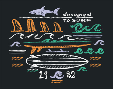 Vector illustration in a free and stripped style of surfing related elements. Chalk style drawing on a blackboard.