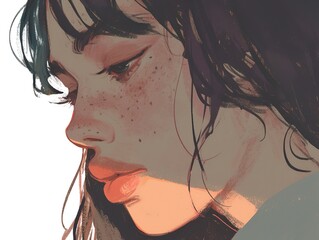 Naklejka premium The digital painting offers a close view of a woman's face, the soft lighting highlighting the smooth texture of her skin and the subtle gloss of her lips. 