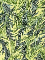 botanical pattern featuring lush green cypress leaves on a light yellow background, highlighting natural elegance and organic movement